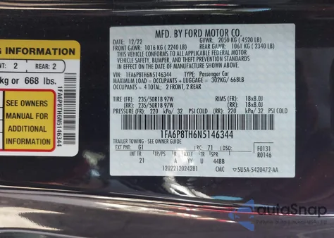 2022 Ford Mustang z USA, uszkodzony, nr VIN 1FA6P8TH6N5146344